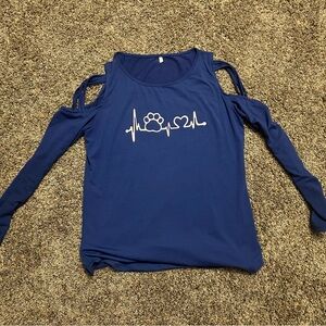 Navy Blue long sleeve Peek a Boo shoulders Tshirt Top w Heart Paw Print Design